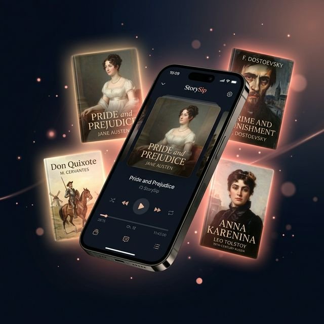 StorySip app showing audiobook player with classic books